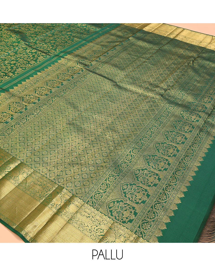 Green zari buttas woven kanchipuram silk saree, zari border of salngai, kamalam, yaali, yaanai, and mayil kann designs, and jaal pallu - Image 5