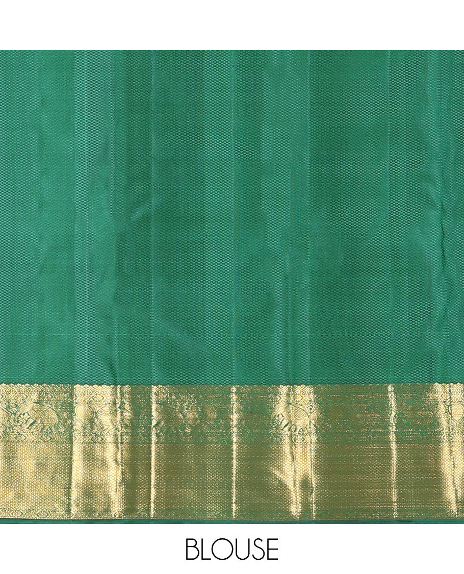 Green zari buttas woven kanchipuram silk saree, zari border of salngai, kamalam, yaali, yaanai, and mayil kann designs, and jaal pallu - Image 6