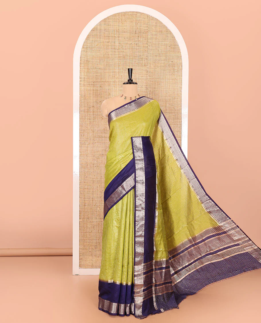 Green zari checked Assam cotton saree, contrast traditional zari design border, zari design pallu, and a contrast zari design blouse