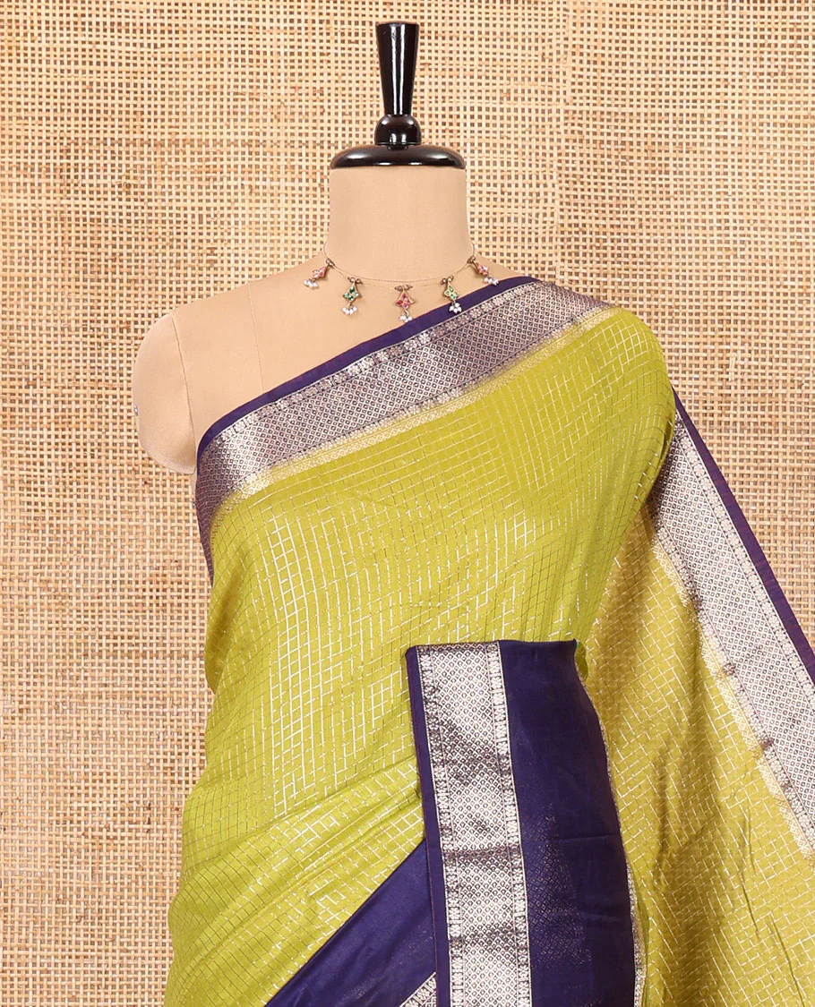 Green zari checked Assam cotton saree, contrast traditional zari design border, zari design pallu, and a contrast zari design blouse - Image 2