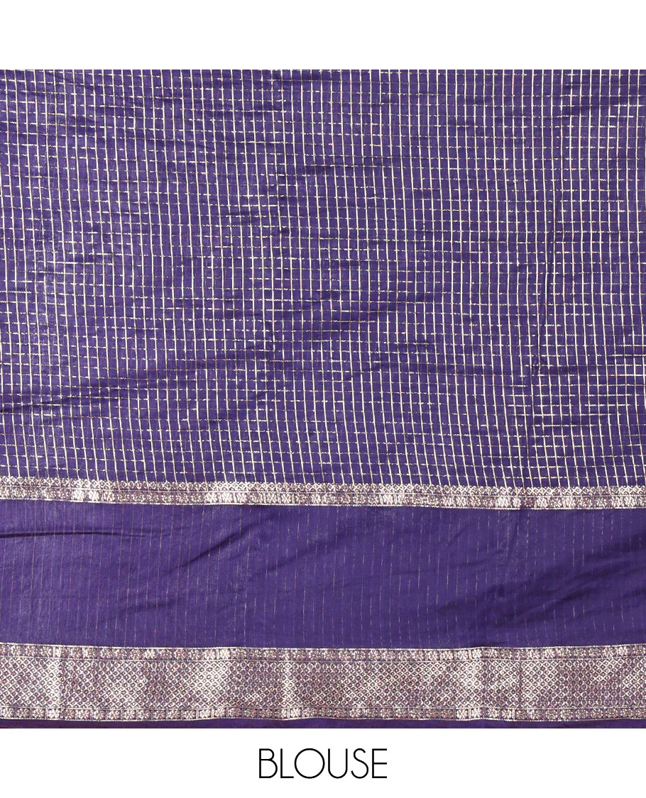 Green zari checked Assam cotton saree, contrast traditional zari design border, zari design pallu, and a contrast zari design blouse - Image 3