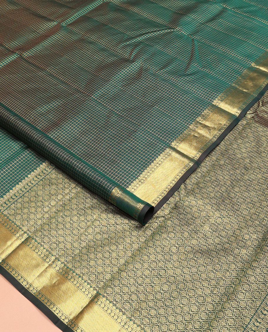 Green zari checked Kanchipuram silk saree, zari border of thilakam mokku, muthu, and manga designs, and jaal pallu - Image 2