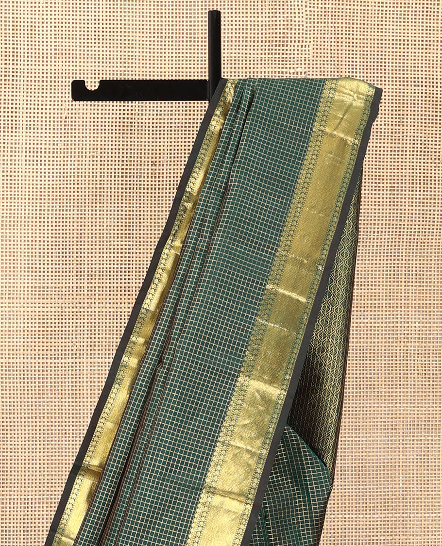 Green zari checked Kanchipuram silk saree, zari border of thilakam mokku, muthu, and manga designs, and jaal pallu - Image 4
