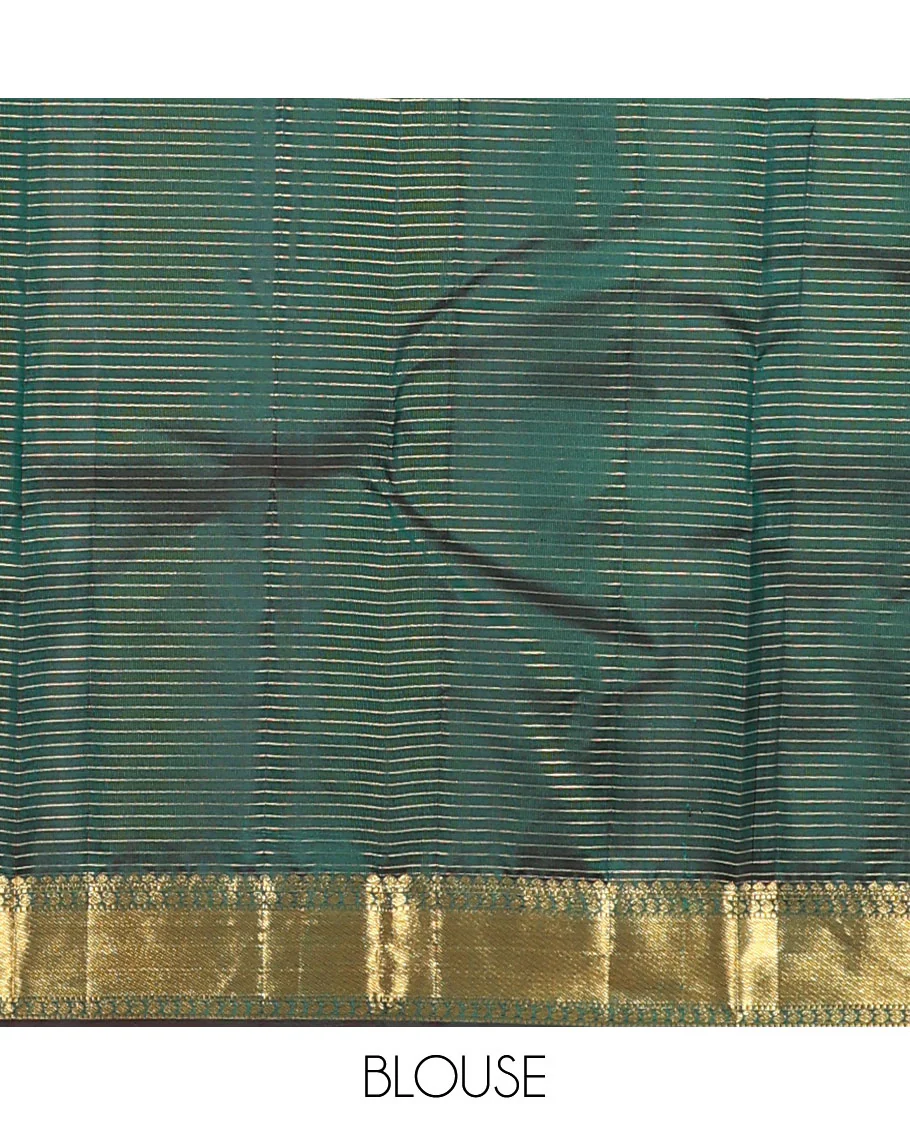 Green zari checked Kanchipuram silk saree, zari border of thilakam mokku, muthu, and manga designs, and jaal pallu - Image 6