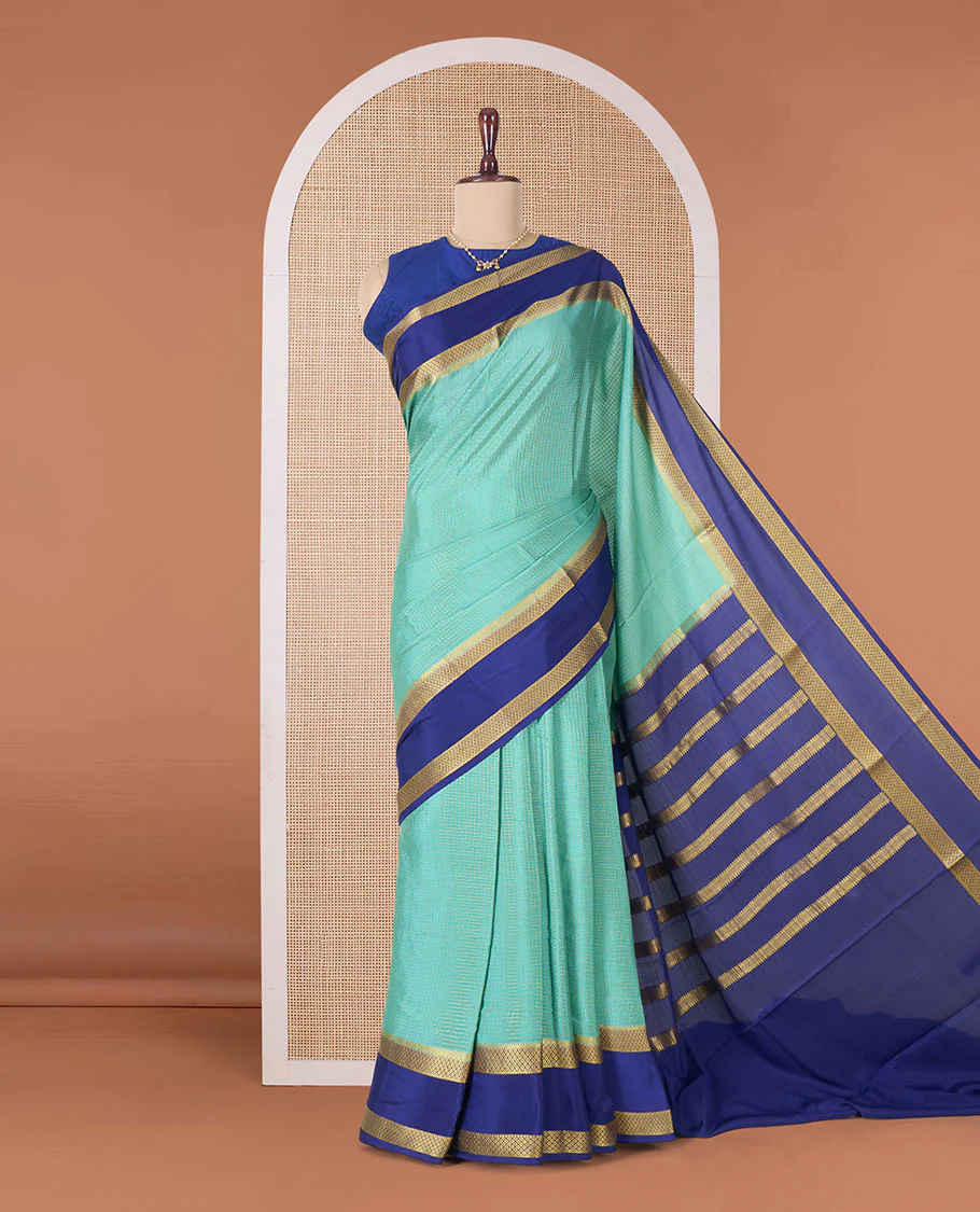 Green zari checked Mysore silk saree, contrast rettai pettu peacock eye zari border, and pallu of zari stripes - Image 2