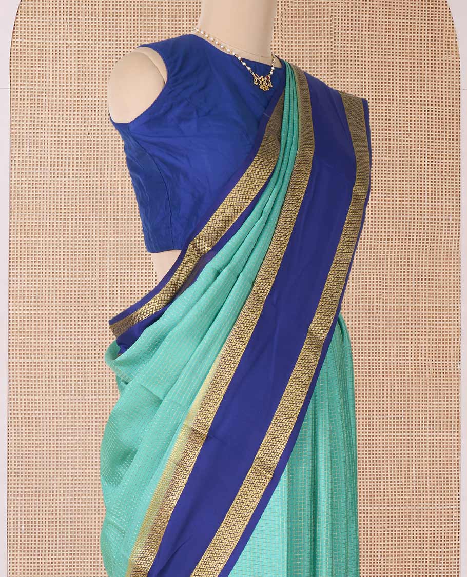 Green zari checked Mysore silk saree, contrast rettai pettu peacock eye zari border, and pallu of zari stripes - Image 3