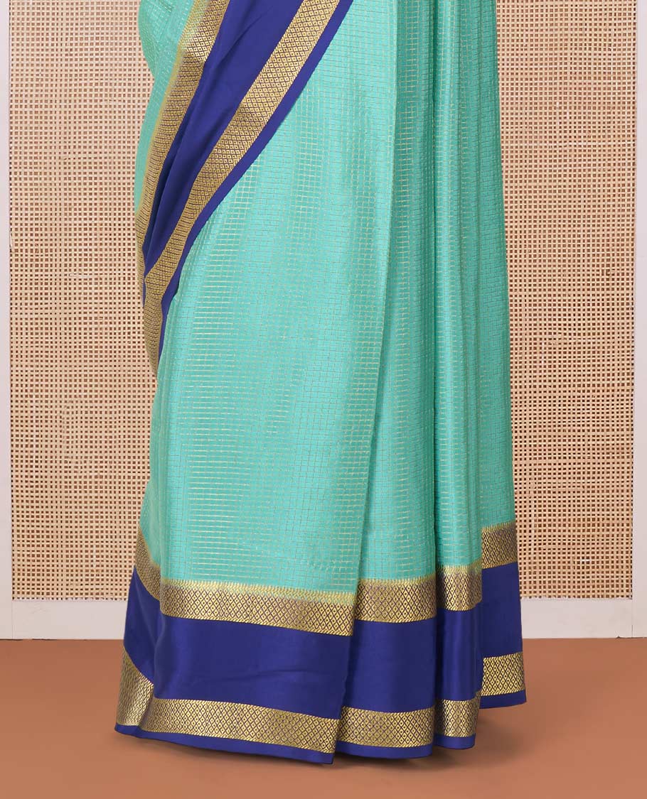 Green zari checked Mysore silk saree, contrast rettai pettu peacock eye zari border, and pallu of zari stripes - Image 4