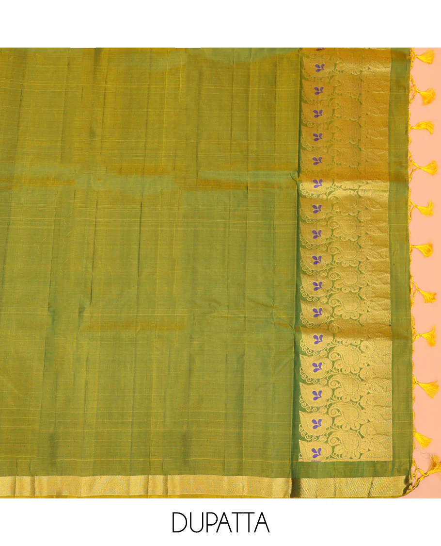 Green zari design pure-silk half-saree with contrast border of floral-paisley zari designs, contrast zari bordered blouse, and a dhavani of paisley-leaf designs - Image 5