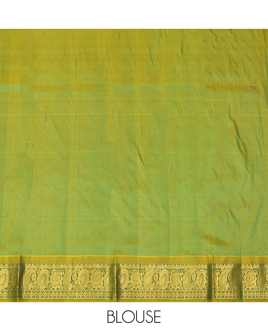 Green zari design pure-silk half-saree with contrast border of floral-paisley zari designs, contrast zari bordered blouse, and a dhavani of paisley-leaf designs - Image 6