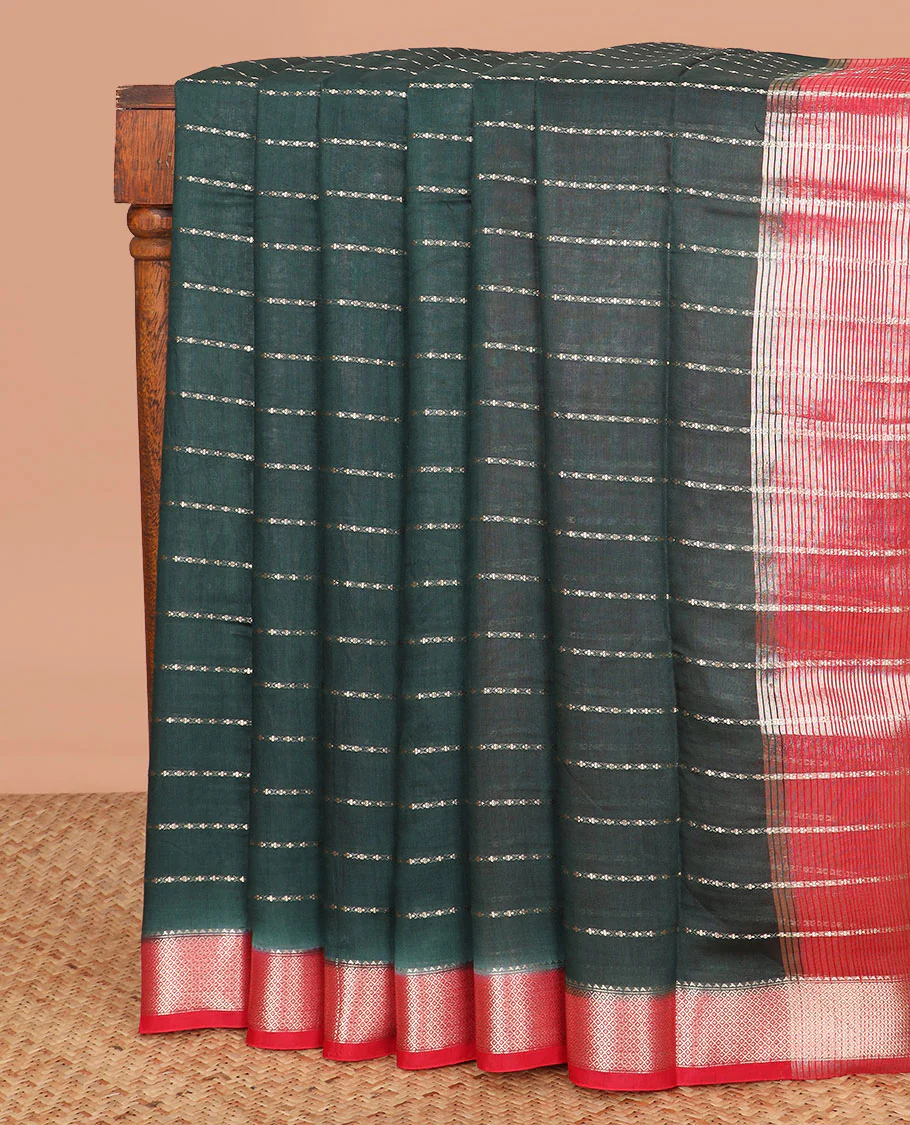 Green zari striped assam silk saree, contrast traditional zari border, and pallu of zari stripes