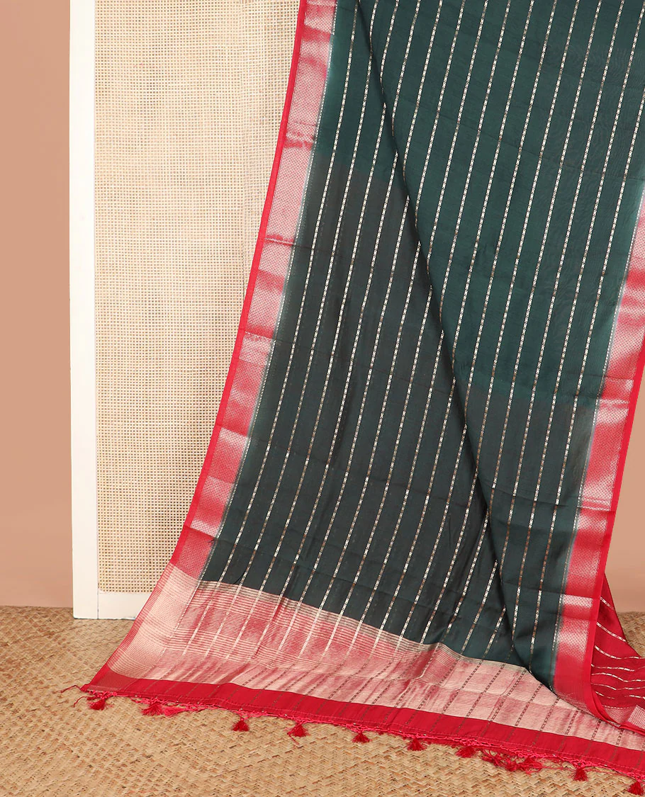 Green zari striped assam silk saree, contrast traditional zari border, and pallu of zari stripes - Image 2