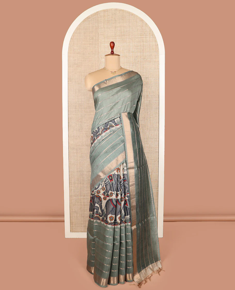 Green zig-zag striped woven with elephant motifs printed tussar silk saree, zari border, and self-pallu - Image 2