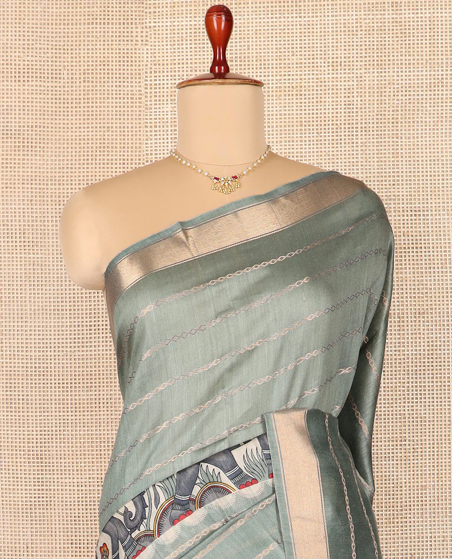 Green zig-zag striped woven with elephant motifs printed tussar silk saree, zari border, and self-pallu - Image 3