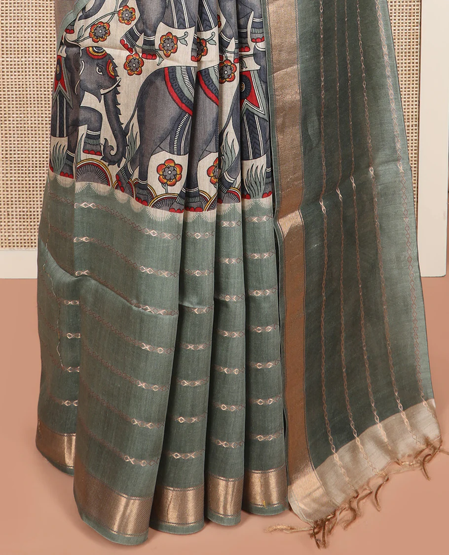 Green zig-zag striped woven with elephant motifs printed tussar silk saree, zari border, and self-pallu - Image 4