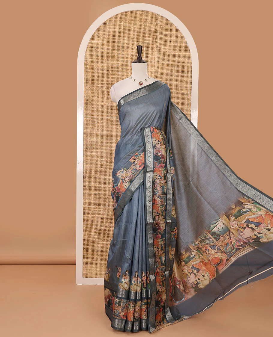 Grey ancient Mughal human printed semi-tussar saree, traditional zari and ancient human motifs print border, printed pallu & running blouse
