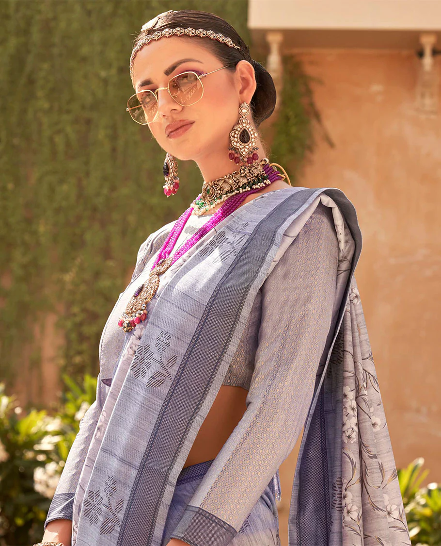 Grey and blue floral vine printed designer catalog saree, contrast floral motifs border, and pallu of temple design - Image 2