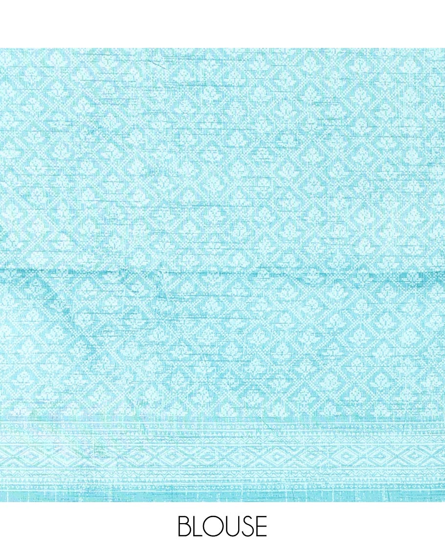 Grey and Blue Semi-Tussar Saree Enthralled with Vertical Stripes Printed Across the Body, Featuring a Contrast Paisley Motif Printed Border, an Intricately Designed Pallu of Jaal Design, and Paired with a Contrast Blouse - Image 3