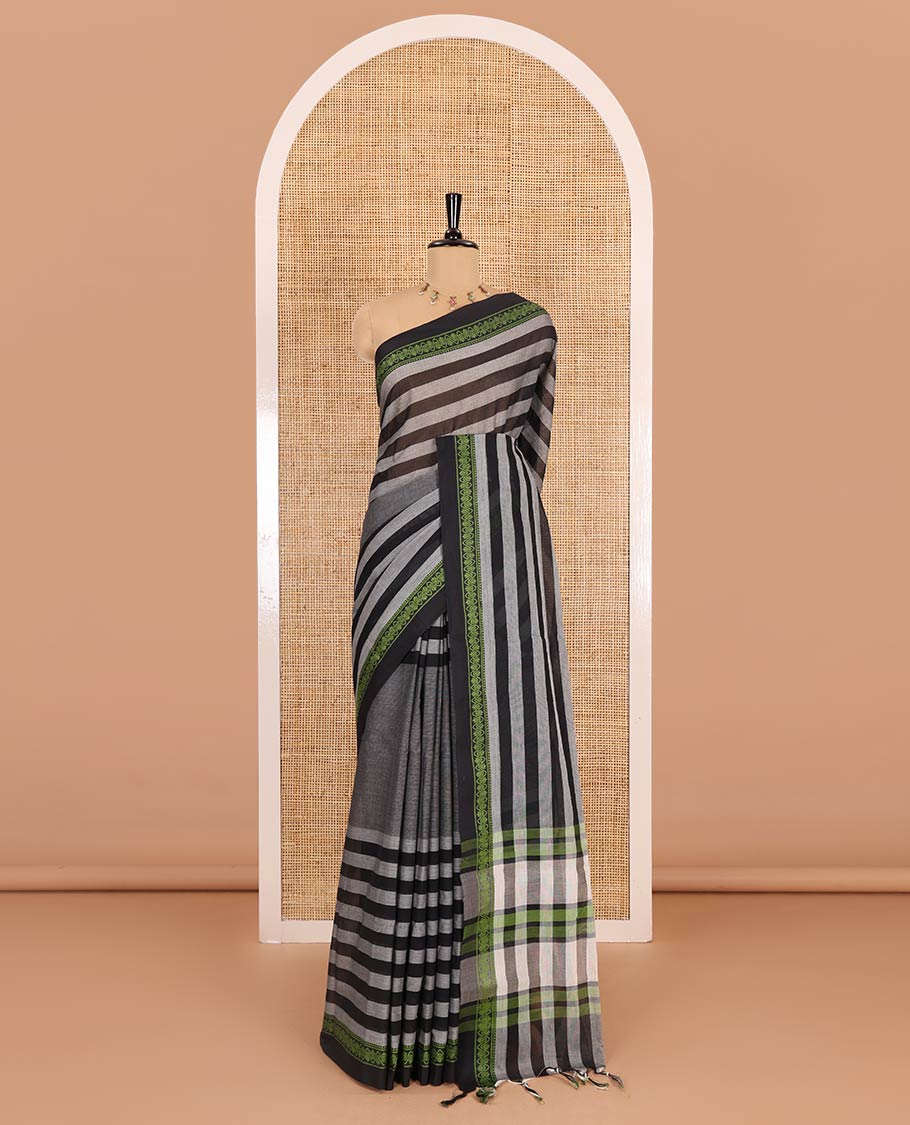 Grey and green stripes and plain Mangalagiri cotton saree, contrast plain border, striped pallu, and a contrast horizontal striped blouse - Image 2