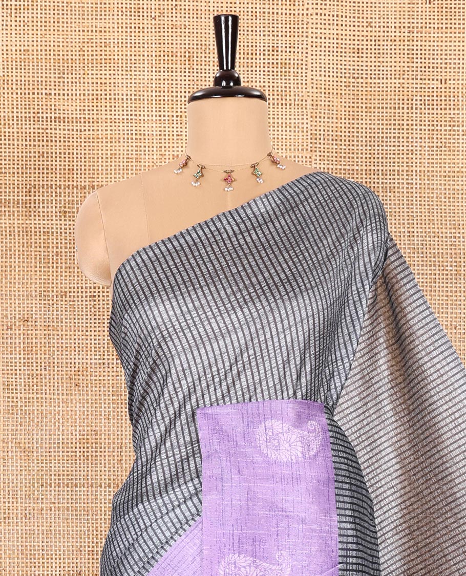 Grey and Lavender Semi-Tussar Saree Adorned with Vertical Stripes Printed Across the Body, Featuring a Contrast Paisley Motif Printed Border, an Intricately Designed Pallu of Jaal Design, and Paired with a Contrast Blouse - Image 2