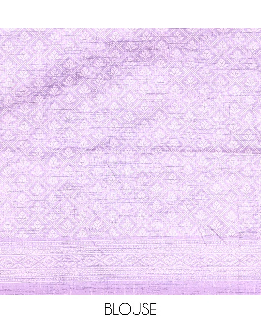 Grey and Lavender Semi-Tussar Saree Adorned with Vertical Stripes Printed Across the Body, Featuring a Contrast Paisley Motif Printed Border, an Intricately Designed Pallu of Jaal Design, and Paired with a Contrast Blouse - Image 3