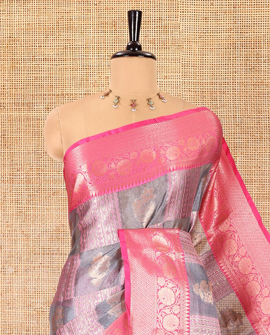 Grey and pink floral and geometric patterns tissue silk saree, contrast traditional zari border of floral creeper designs, intricate pallu, and a jacquard blouse - Image 2
