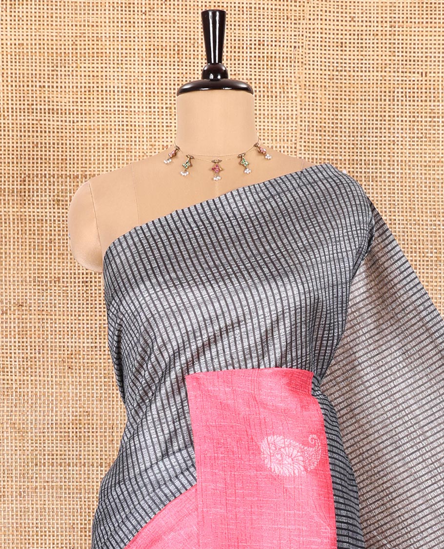 Grey and Pink Semi-Tussar Saree Embellished with Vertical Stripes Printed Across the Body, Featuring a Contrast Paisley Motif Printed Border, an Intricately Designed Pallu of Jaal Design, and Paired with a Contrast Blouse - Image 2
