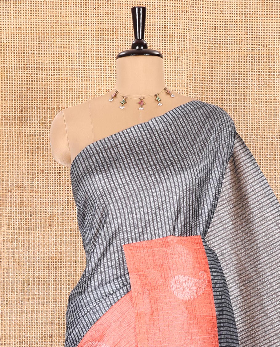 Grey and Rama Semi-Tussar Saree Enriched with Vertical Stripes Printed Across the Body, Featuring a Contrast Paisley Motif Printed Border, an Intricately Designed Pallu of Jaal Design, and Paired with a Contrast Blouse - Image 2