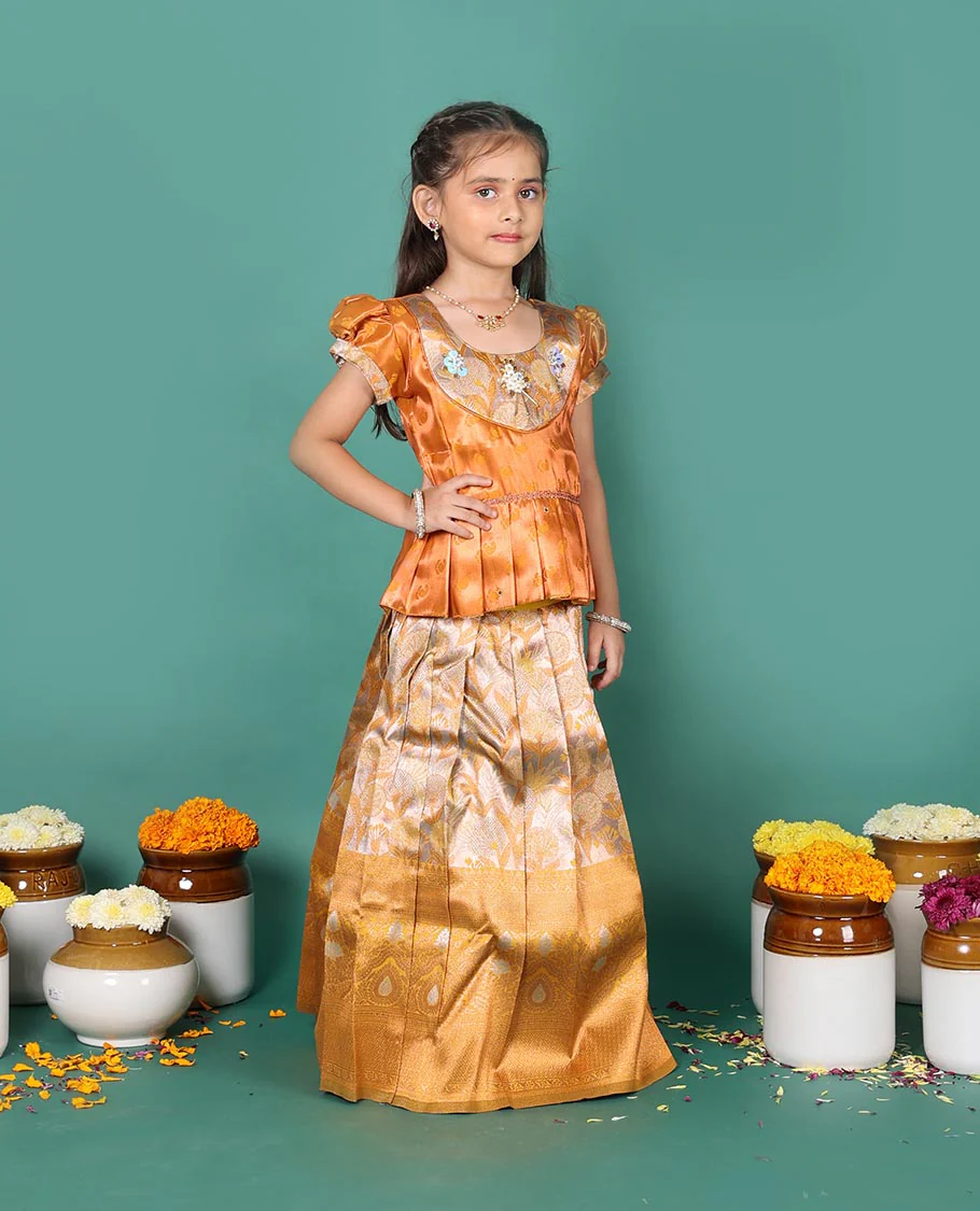 Grey art silk readymade pavadai set, floral jacquard with contrast traditional zari border skirt, contrast embroidered puff-sleeve blouse
