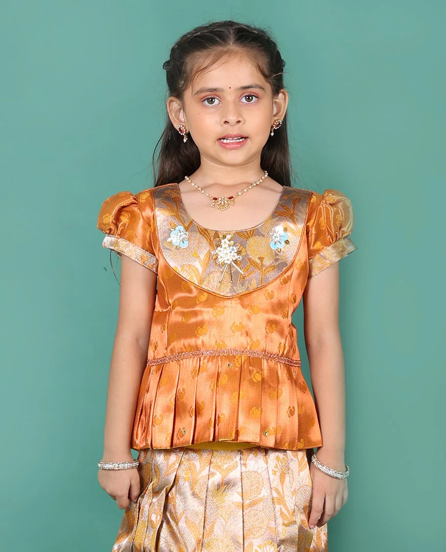 Grey art silk readymade pavadai set, floral jacquard with contrast traditional zari border skirt, contrast embroidered puff-sleeve blouse - Image 2