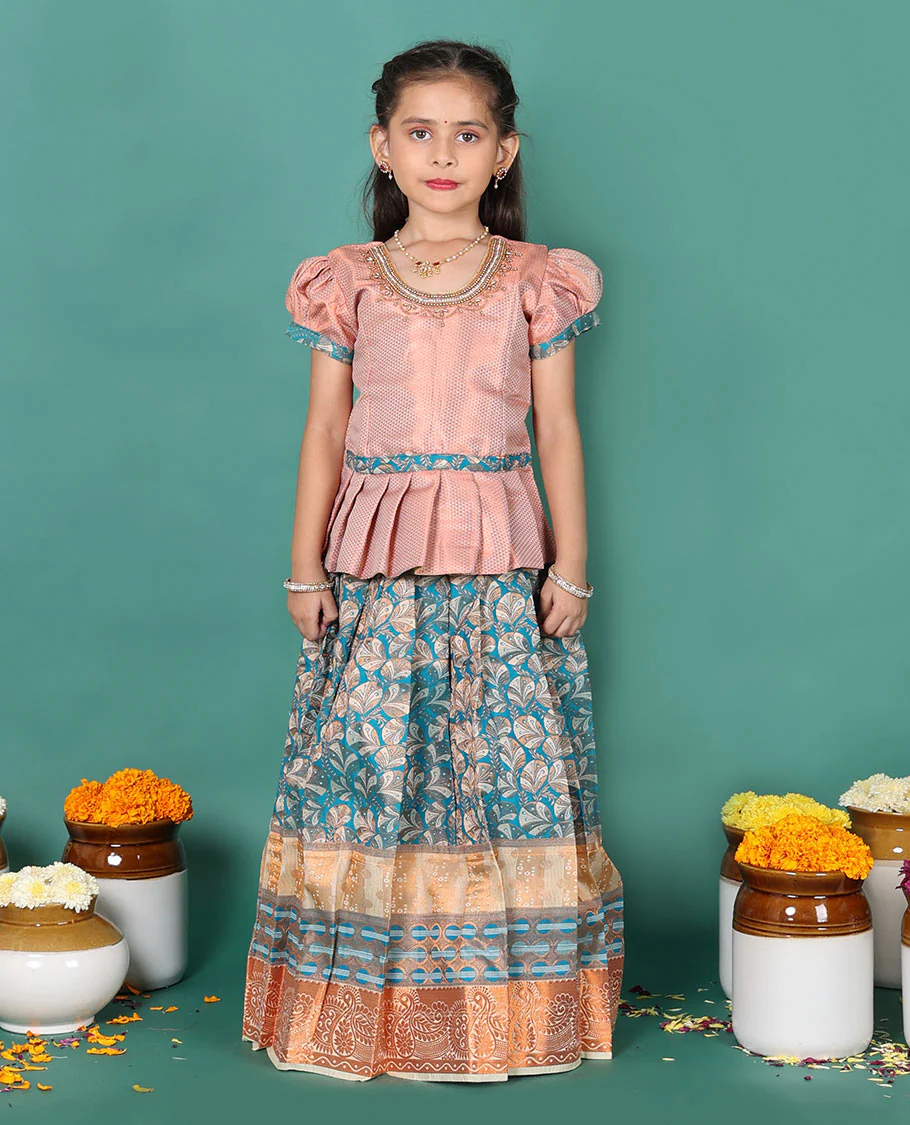 Grey art silk readymade pavadai set, floral jacquard with contrast traditional zari border skirt, contrast embroidered puff-sleeve blouse - Image 2