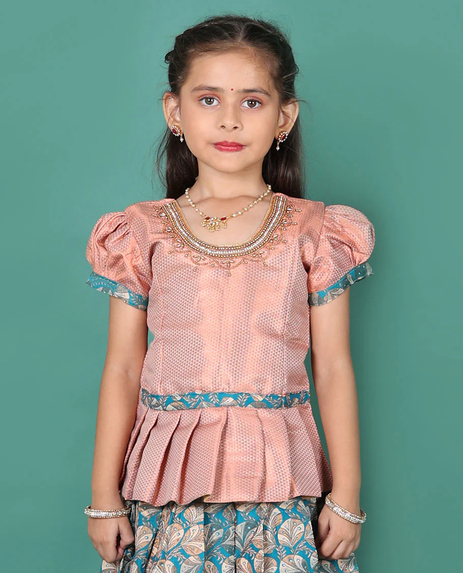 Grey art silk readymade pavadai set, floral jacquard with contrast traditional zari border skirt, contrast embroidered puff-sleeve blouse - Image 3