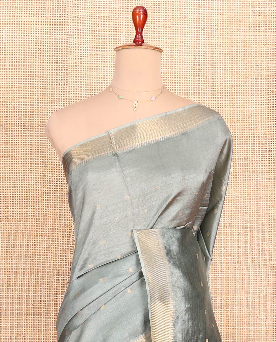 Grey Banana Pith Saree Elevated with Zari Buttas, Temple Border of Zari Designs, Subtle Pallu of Zari Designs, and Paired with a Matching Blouse - Image 2