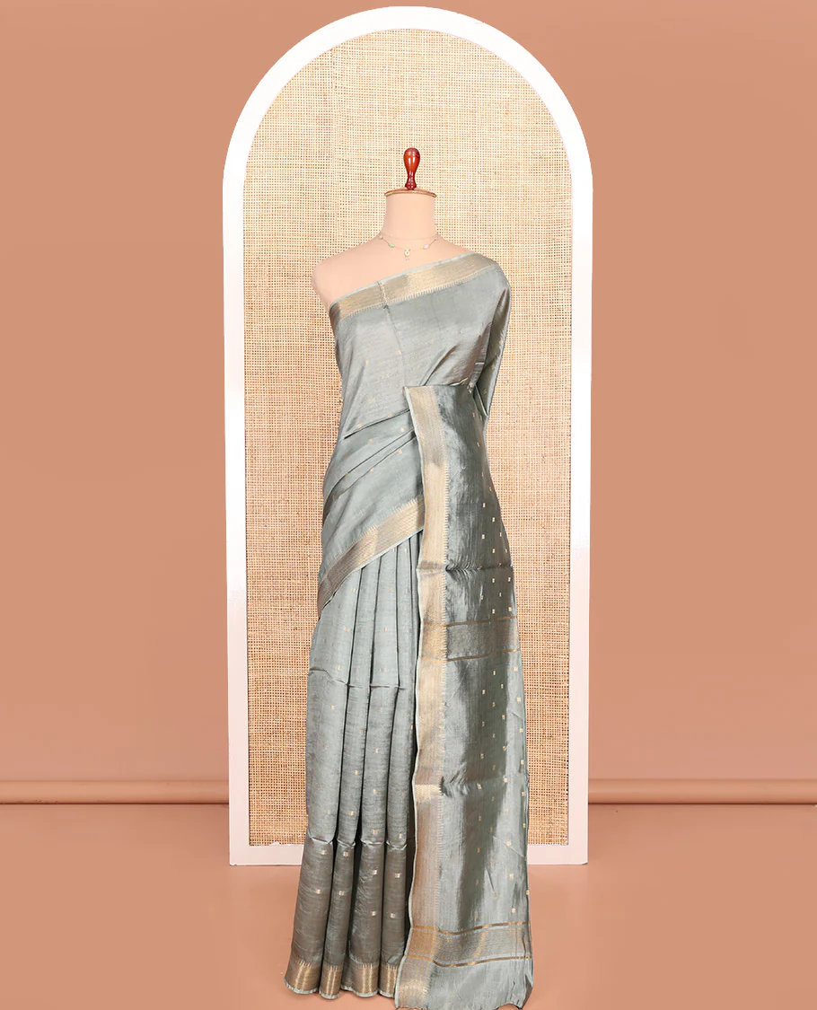 Grey Banana Pith Saree Elevated with Zari Buttas, Temple Border of Zari Designs, Subtle Pallu of Zari Designs, and Paired with a Matching Blouse - Image 3