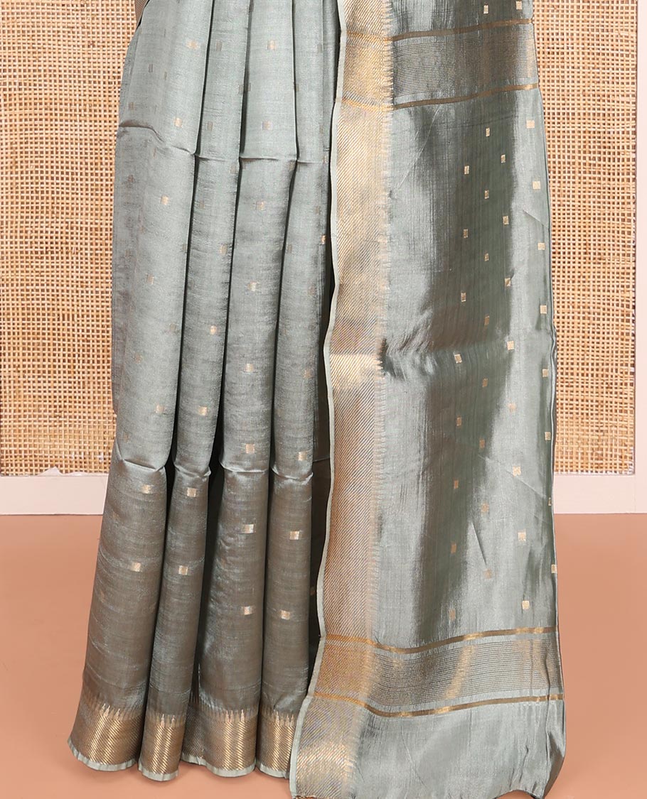 Grey Banana Pith Saree Elevated with Zari Buttas, Temple Border of Zari Designs, Subtle Pallu of Zari Designs, and Paired with a Matching Blouse - Image 4