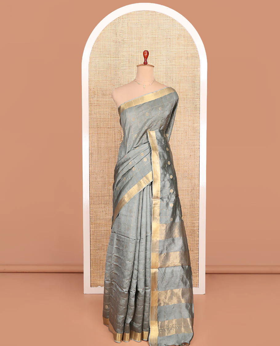 Grey Banana Pith Saree Subtly Sparkled with Polka Dot Buttas Enclosed Checks, Subtle Zari Border, Gleaming Zari Stripes Woven Pallu, and Paired with a Matching Plain Blouse - Image 3