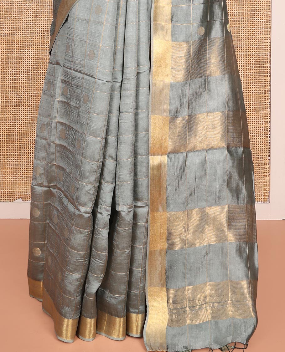Grey Banana Pith Saree Subtly Sparkled with Polka Dot Buttas Enclosed Checks, Subtle Zari Border, Gleaming Zari Stripes Woven Pallu, and Paired with a Matching Plain Blouse - Image 4