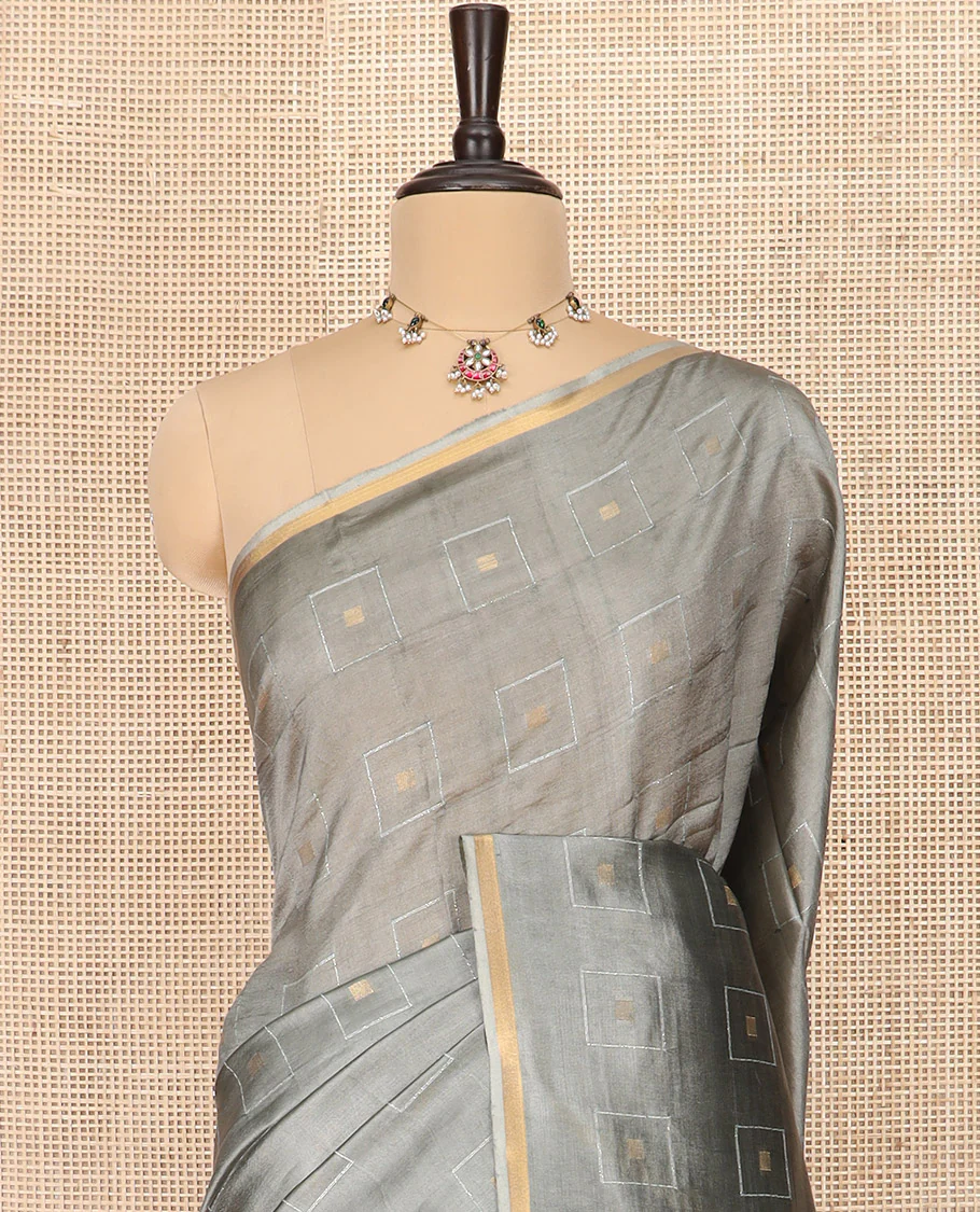 Grey Banana Pith Saree Woven with Zari Buttas Enclosed Squares, Subtly Woven Piping Border, Pallu of Stripes, and Paired with a Matching Plain Blouse - Image 2