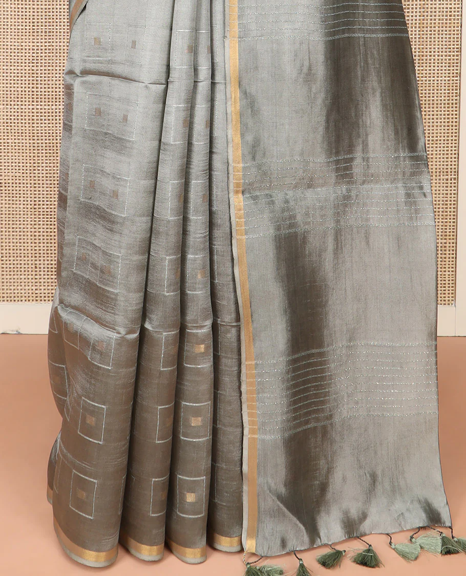 Grey Banana Pith Saree Woven with Zari Buttas Enclosed Squares, Subtly Woven Piping Border, Pallu of Stripes, and Paired with a Matching Plain Blouse - Image 4