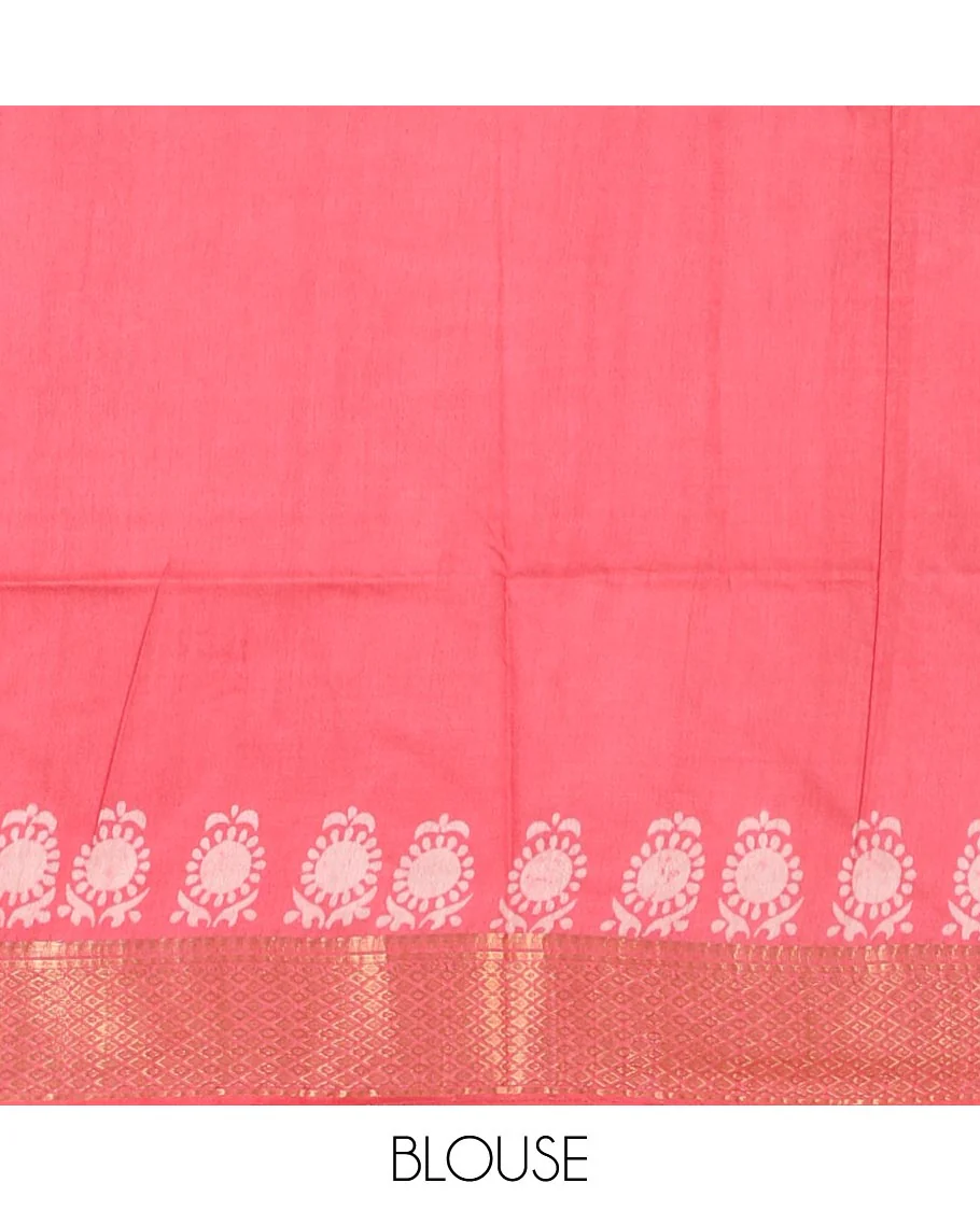 Grey batik printed Bhagalpuri cotton saree, contrast gold zari diamond-patterned border, printed pallu & pink blouse of print & zari work - Image 4