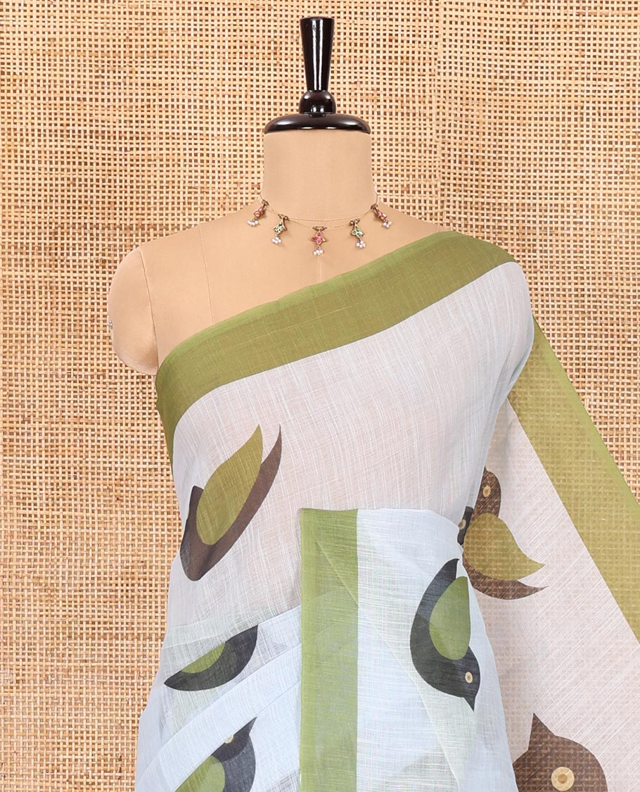 Grey birds motifs linen cotton saree with contrast plain border , birds mofits pallu and leaf printed blouse - Image 2