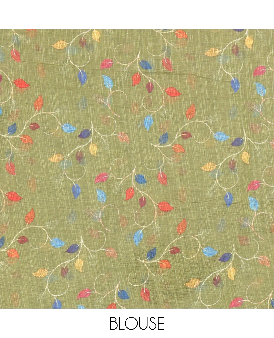 Grey birds motifs linen cotton saree with contrast plain border , birds mofits pallu and leaf printed blouse - Image 3