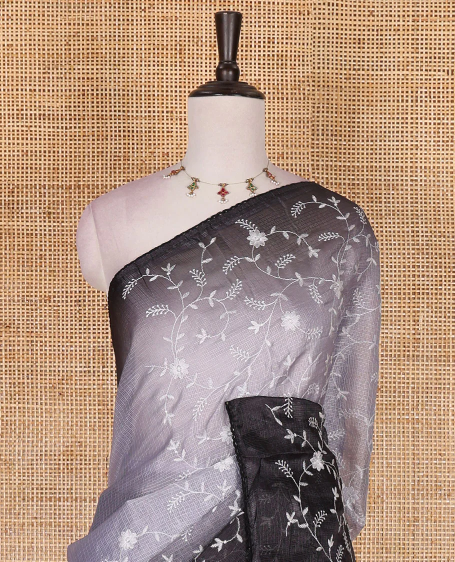 Grey-black floral vine chickankari embroidered kota chex saree, lace border, floral vine chickankari embroidered pallu, and contrast plain blouse - Image 3