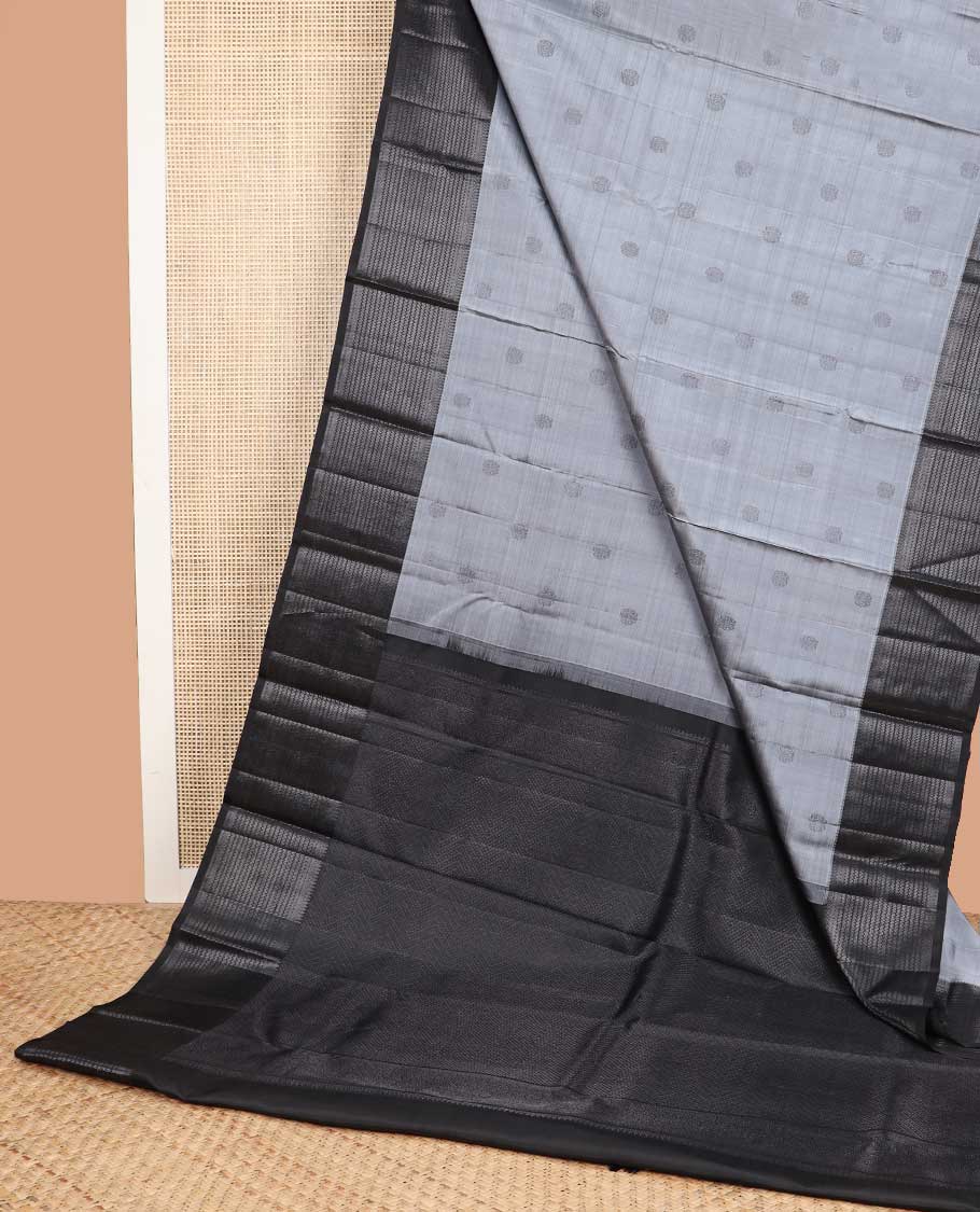 Grey buttas kancheepuram silk saree with self border of thilakam mokku, muthu, banaras design & zari design pallu - Image 5