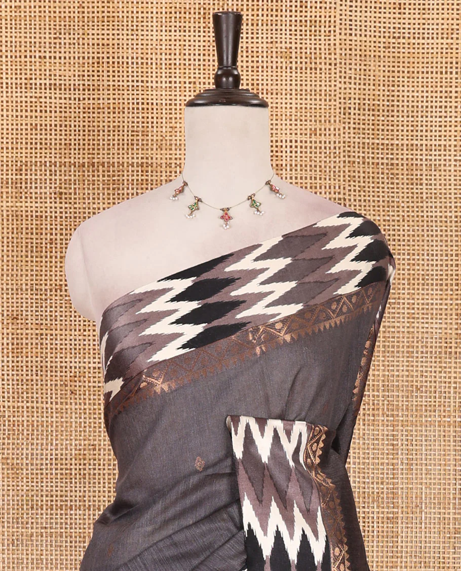 Grey buttas tussar silk saree, ikkat design border, and pallu of ikkat design - Image 3