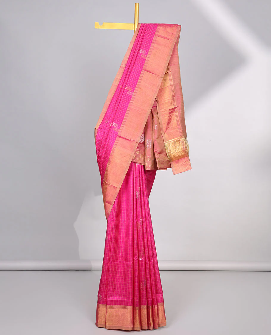 Pink checked , paisley design uppada silk saree with contrast zari border & floral buttas pallu - Image 2