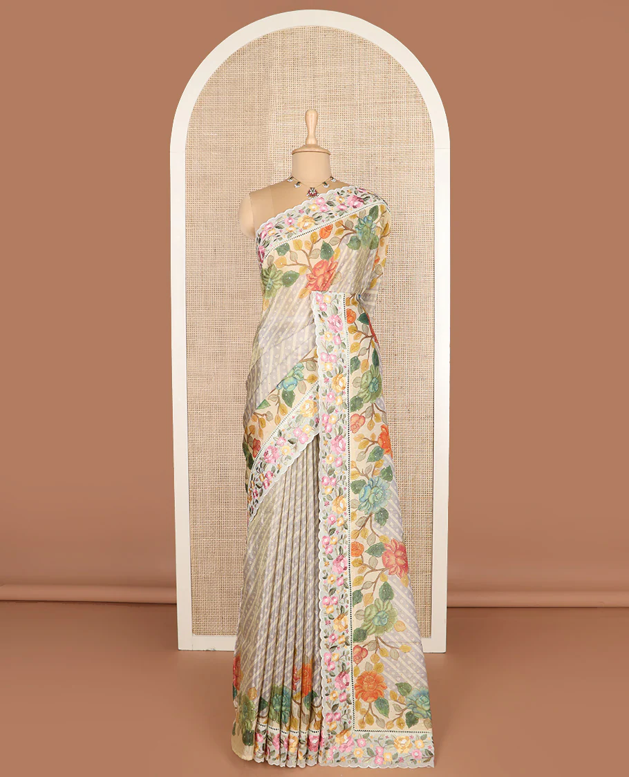 Grey buttas with bandhani and floral printed dola silk saree, contrast floral embroidered scallop border - Image 2