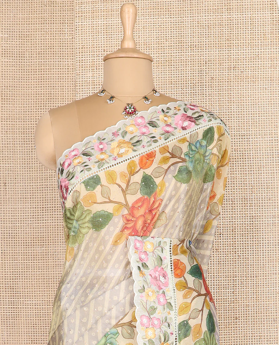 Grey buttas with bandhani and floral printed dola silk saree, contrast floral embroidered scallop border - Image 3