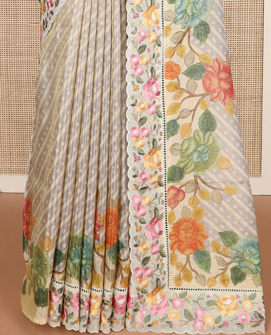 Grey buttas with bandhani and floral printed dola silk saree, contrast floral embroidered scallop border - Image 4
