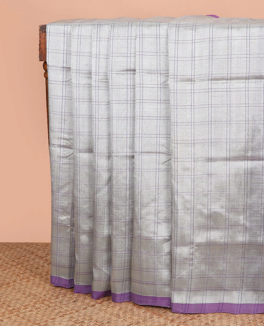 Grey checked cotton saree, contrast plain border, and striped pallu