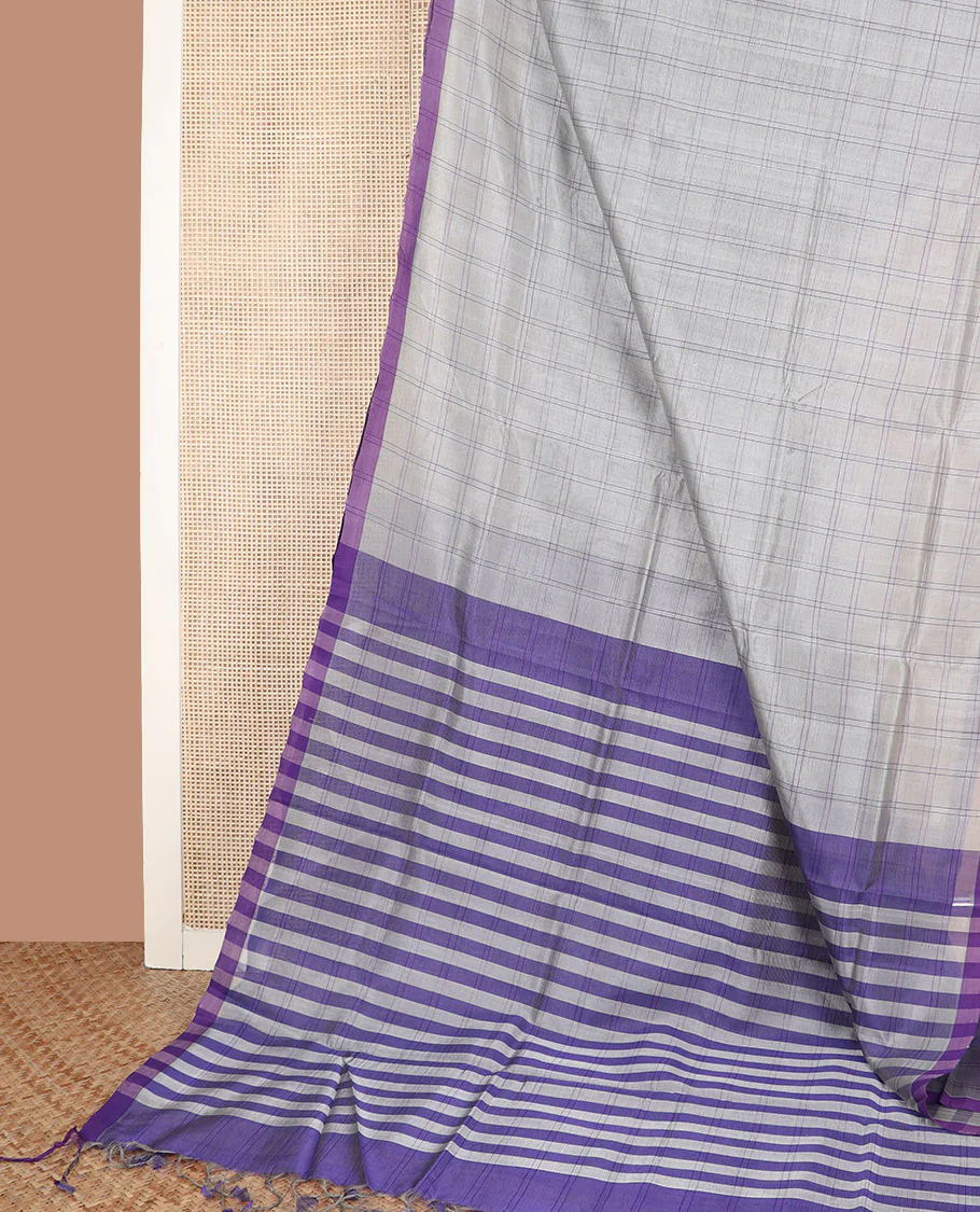 Grey checked cotton saree, contrast plain border, and striped pallu - Image 2